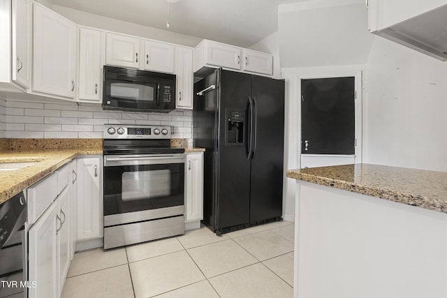 1023 Pebble Dr, Bristol, VA 24201 - kitchen with white cabinets, tasteful backsplash, light stone countertops, and black appliances