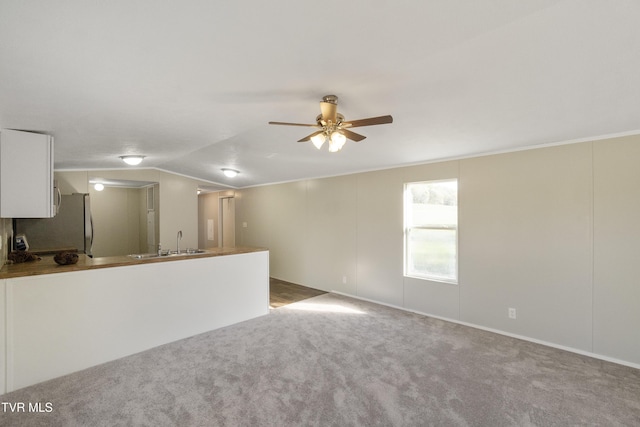 810 Sugar Bowl Rd, Chuckey, TN 37641 - unfurnished living room featuring vaulted ceiling, carpet floors, a sink, and ceiling fan