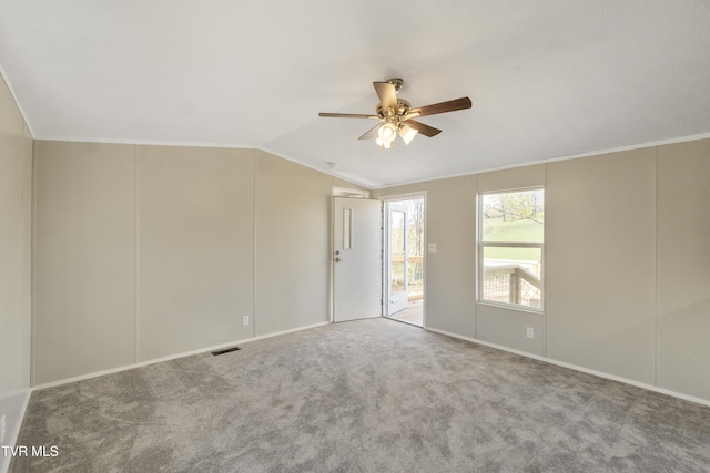 810 Sugar Bowl Rd, Chuckey, TN 37641 - unfurnished room featuring carpet, a ceiling fan, visible vents, vaulted ceiling, and baseboards