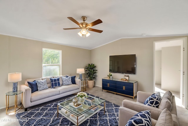 810 Sugar Bowl Rd, Chuckey, TN 37641 - carpeted living room featuring lofted ceiling, baseboards, ceiling fan, and crown molding