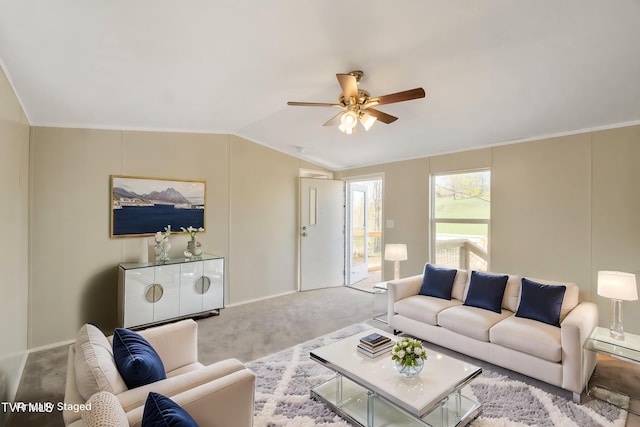 810 Sugar Bowl Rd, Chuckey, TN 37641 - living area featuring vaulted ceiling, carpet floors, a ceiling fan, and baseboards