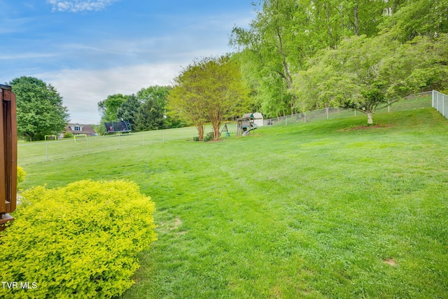 view of yard with a playground and a fenced backyard