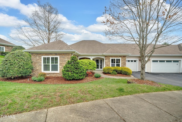 211 University Pkwy Unit 5, Johnson City, TN 37604 - single story home featuring a front yard, a shingled roof, stone siding, a garage, and driveway
