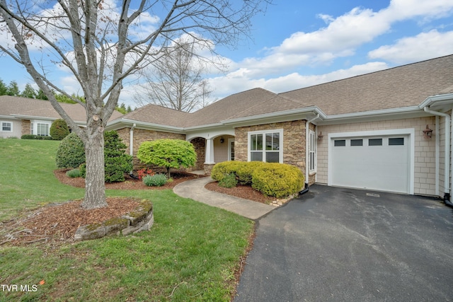 211 University Pkwy Unit 5, Johnson City, TN 37604 - single story home featuring a front yard, an attached garage, stone siding, aphalt driveway, and roof with shingles