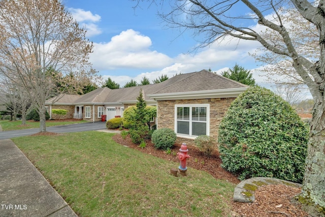 211 University Pkwy Unit 16, Johnson City, TN 37604 - ranch-style house featuring stone siding, aphalt driveway, a front yard, a garage, and a shingled roof