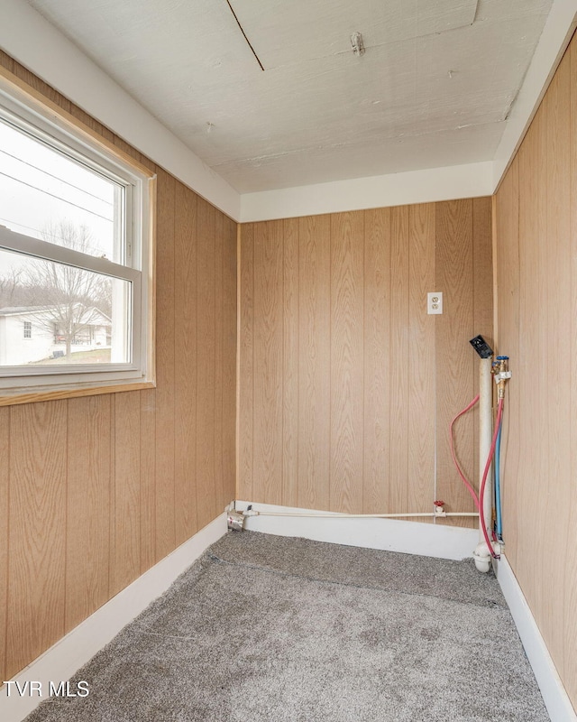 unfurnished room featuring wood walls and carpet floors