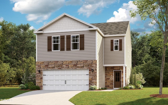 1905 Fox Meadows Cir, Bluff City, TN 37618 - view of front of property with stone siding, an attached garage, a front yard, driveway, and a shingled roof