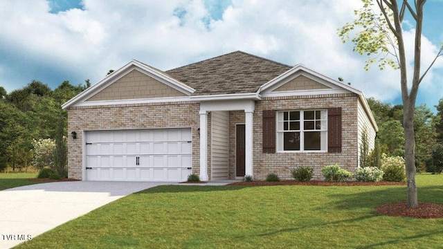 ranch-style house featuring concrete driveway, brick siding, a garage, and a front lawn