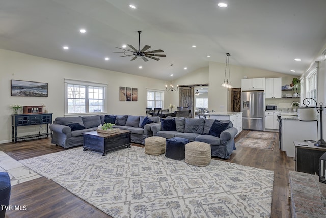 368 New Hope Rd, Jonesborough, TN 37659 - living area with lofted ceiling, a ceiling fan, dark wood finished floors, recessed lighting, and a chandelier