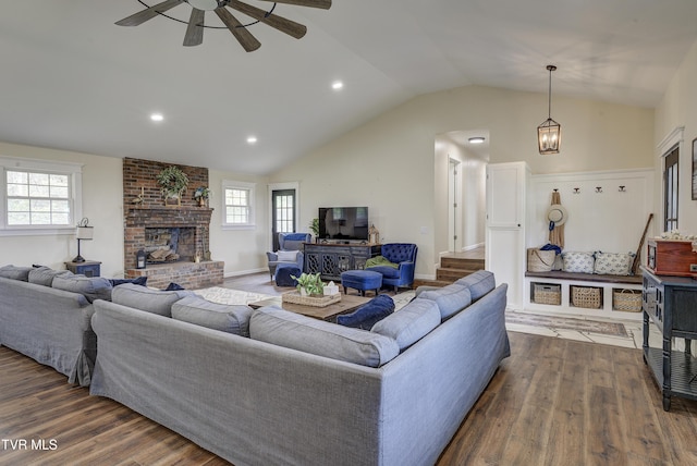 368 New Hope Rd, Jonesborough, TN 37659 - living room with dark wood-type flooring, vaulted ceiling, ceiling fan, a fireplace, and recessed lighting