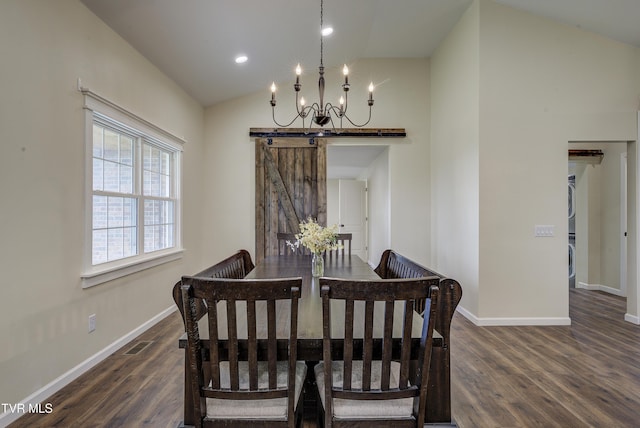 368 New Hope Rd, Jonesborough, TN 37659 - dining room featuring a chandelier, dark wood-style floors, high vaulted ceiling, recessed lighting, and a barn door