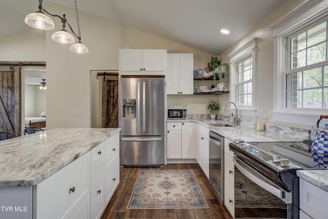 368 New Hope Rd, Jonesborough, TN 37659 - kitchen featuring appliances with stainless steel finishes, lofted ceiling, light stone counters, dark wood finished floors, and open shelves
