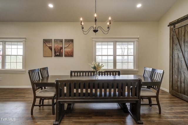 368 New Hope Rd, Jonesborough, TN 37659 - dining area featuring a barn door, a chandelier, wood finished floors, and recessed lighting