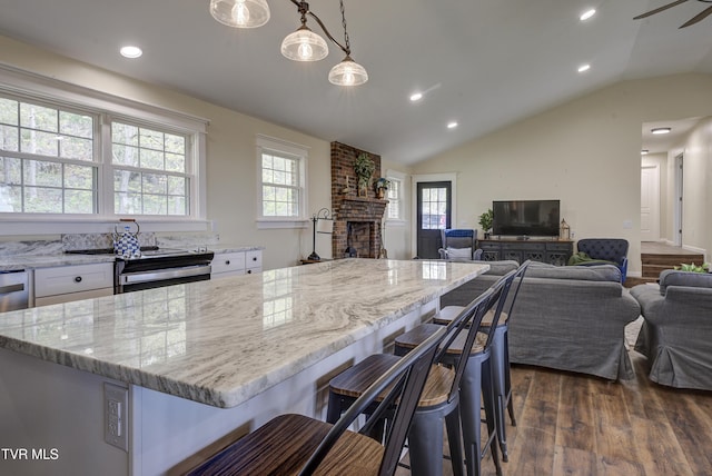 368 New Hope Rd, Jonesborough, TN 37659 - kitchen featuring electric range oven, vaulted ceiling, dark wood-style flooring, white cabinets, and light stone counters