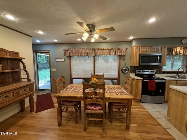 dining area featuring plenty of natural light, a textured ceiling, a ceiling fan, and light wood-style flooring