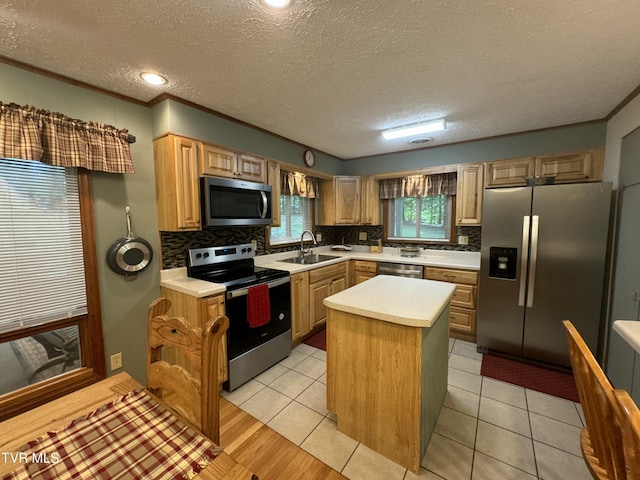 kitchen with light countertops, tasteful backsplash, appliances with stainless steel finishes, and a sink
