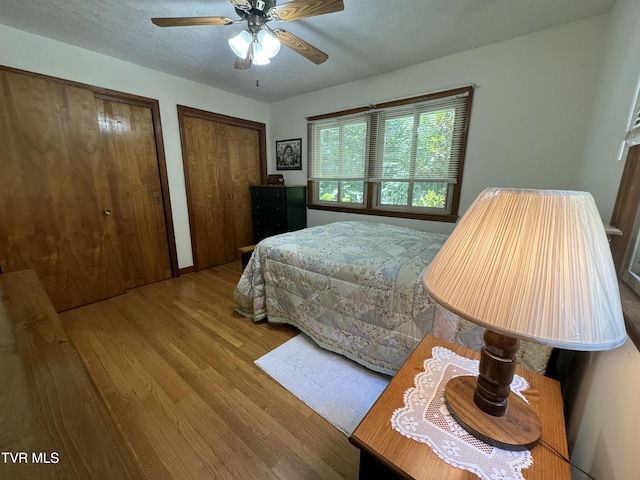 bedroom featuring a ceiling fan, wood finished floors, and two closets