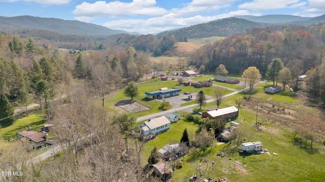bird's eye view featuring a forest view and a mountain view