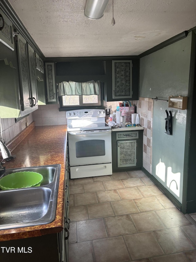 490 Delaney Ln, Clintwood, VA 24228 - kitchen featuring dark countertops, a sink, white electric range oven, decorative backsplash, and a textured ceiling