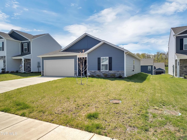 1245 Cherry Grv, Greeneville, TN 37745 - view of front of house with a garage, concrete driveway, stone siding, a front lawn, and board and batten siding