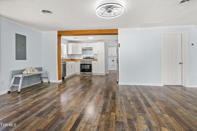 1219 Ledford St, Elizabethton, TN 37643 - living area featuring electric panel, dark wood-type flooring, ornamental molding, and baseboards