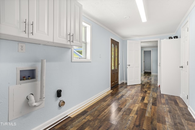 1219 Ledford St, Elizabethton, TN 37643 - laundry room featuring cabinet space, hookup for a washing machine, dark wood finished floors, baseboards, and crown molding