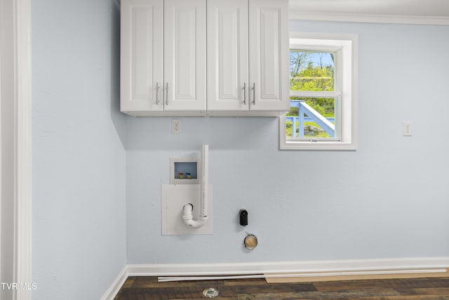 1219 Ledford St, Elizabethton, TN 37643 - laundry area featuring hookup for a washing machine, electric dryer hookup, baseboards, cabinet space, and crown molding