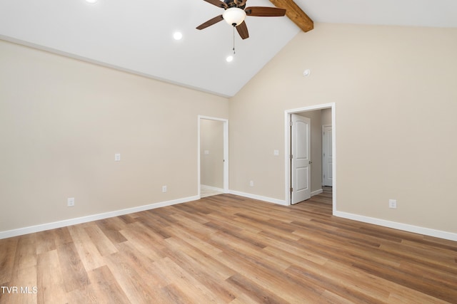 332 Tom Patterson Trl, Dandridge, TN 37725 - empty room featuring a ceiling fan, beamed ceiling, high vaulted ceiling, baseboards, and recessed lighting