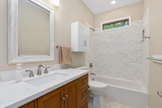 332 Tom Patterson Trl, Dandridge, TN 37725 - bathroom featuring toilet, vanity, shower / washtub combination, and marble look tiles