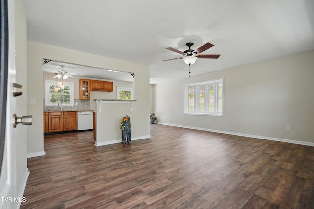 536 Chadwell Rd, Kingsport, TN 37660 - unfurnished living room featuring a ceiling fan, a sink, and dark wood-type flooring
