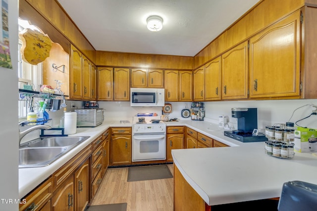 kitchen with light wood finished floors, a sink, white appliances, brown cabinets, and light countertops