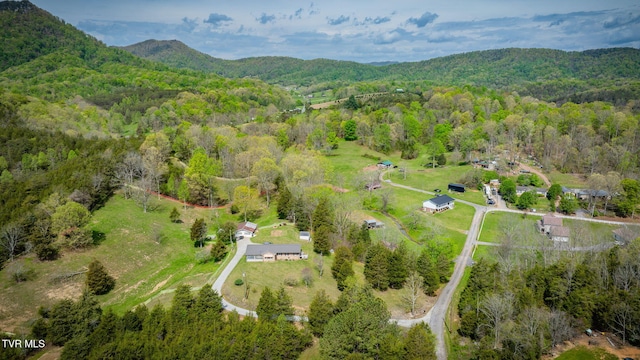 bird's eye view with a mountain view and a wooded view