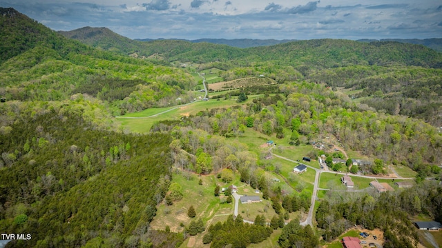 drone / aerial view featuring a mountain view and a wooded view