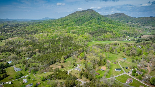 birds eye view of property featuring a mountain view and a wooded view