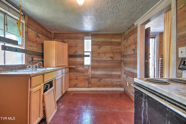 4418 Weaver Pike, Bluff City, TN 37618 - kitchen with electric range oven, a textured ceiling, wooden walls, and a sink