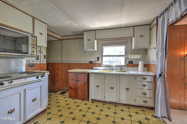4418 Weaver Pike, Bluff City, TN 37618 - kitchen featuring white cabinets, a wainscoted wall, light countertops, a sink, and stovetop