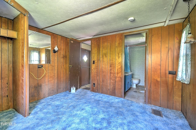 4418 Weaver Pike, Bluff City, TN 37618 - interior space with wood walls, a textured ceiling, carpet floors, ensuite bath, and visible vents