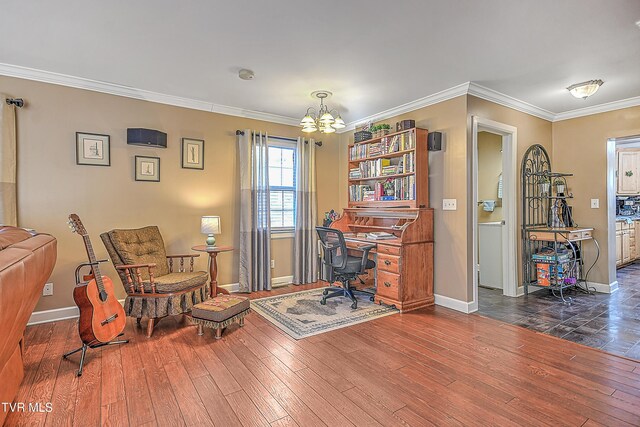 344 Virginia Dr, Bristol, VA 24201 - office featuring baseboards, ornamental molding, a chandelier, and dark wood-style floors