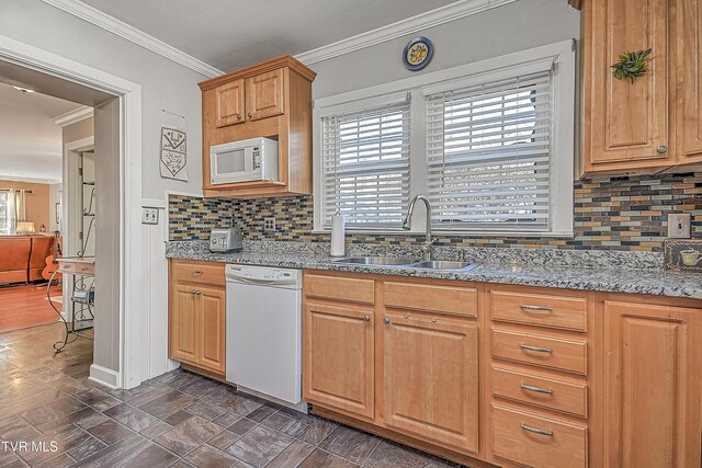 344 Virginia Dr, Bristol, VA 24201 - kitchen with backsplash, crown molding, a sink, and white appliances