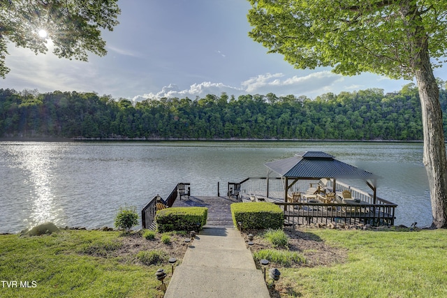 768 Lake Point Dr, Piney Flats, TN 37686 - view of dock featuring a forest view, a water view, and a gazebo