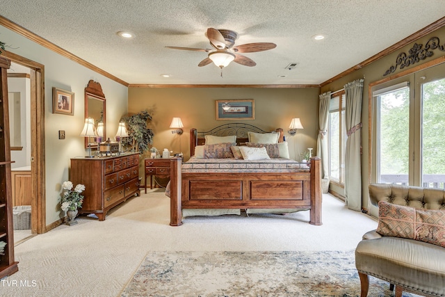 768 Lake Point Dr, Piney Flats, TN 37686 - bedroom with a textured ceiling, light carpet, access to exterior, and ornamental molding