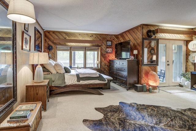 768 Lake Point Dr, Piney Flats, TN 37686 - bedroom with wood walls, french doors, carpet, and access to exterior