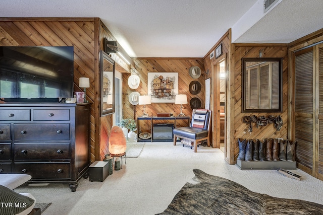 768 Lake Point Dr, Piney Flats, TN 37686 - living area featuring carpet flooring, a textured ceiling, wooden walls, and visible vents