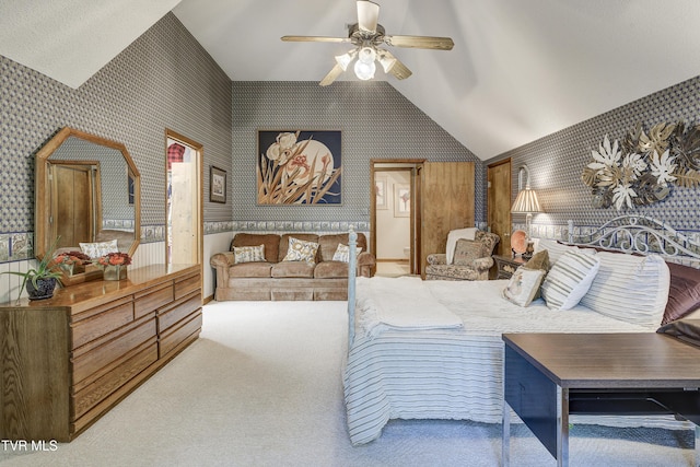 768 Lake Point Dr, Piney Flats, TN 37686 - carpeted bedroom with ceiling fan, lofted ceiling, and wallpapered walls