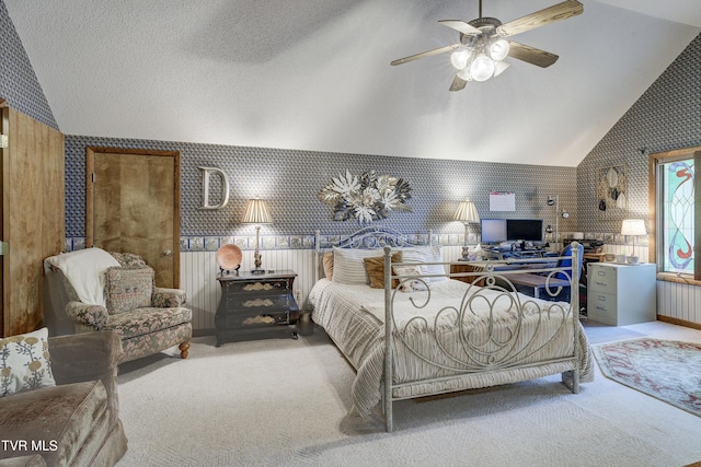 768 Lake Point Dr, Piney Flats, TN 37686 - carpeted bedroom with vaulted ceiling, a ceiling fan, and wallpapered walls