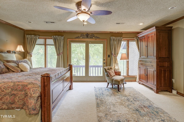 768 Lake Point Dr, Piney Flats, TN 37686 - bedroom with crown molding, a textured ceiling, visible vents, light colored carpet, and access to outside