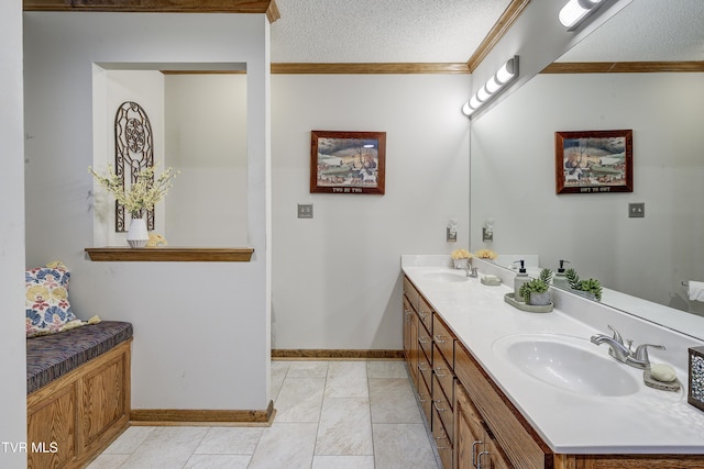 768 Lake Point Dr, Piney Flats, TN 37686 - full bathroom with a sink, ornamental molding, a textured ceiling, and baseboards