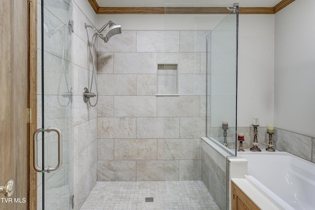 768 Lake Point Dr, Piney Flats, TN 37686 - bathroom with crown molding, a shower stall, and a bath