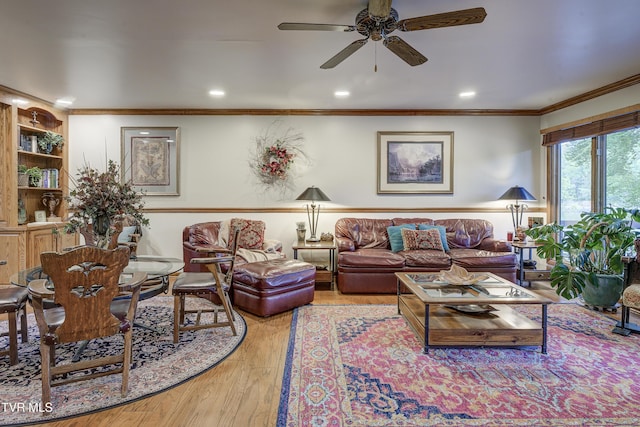 768 Lake Point Dr, Piney Flats, TN 37686 - living room with ceiling fan, ornamental molding, recessed lighting, and wood finished floors