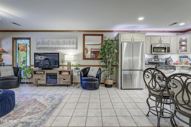 768 Lake Point Dr, Piney Flats, TN 37686 - living area featuring light tile patterned floors, ornamental molding, and visible vents
